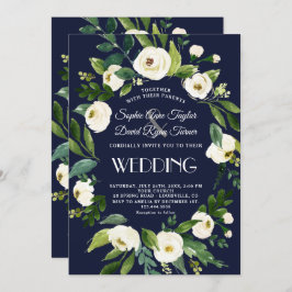 Invitación Boda floral blanca elegante acuarela azul oscuro