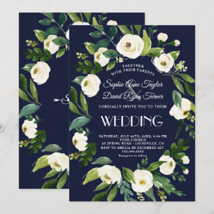 Invitación Boda floral blanca elegante acuarela azul oscuro