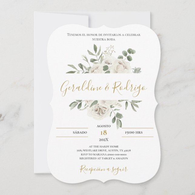Invitación Boda floral blanca en español (Anverso)
