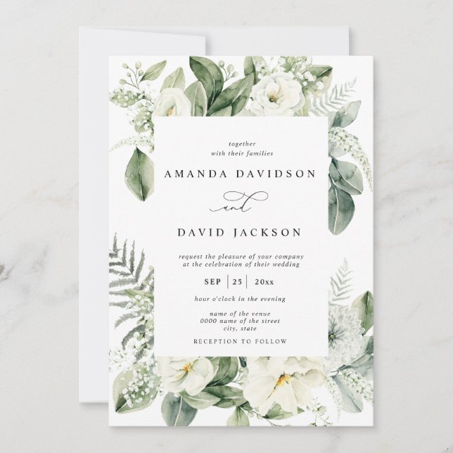 Invitación Boda floral blanca Eucalyptus Green Foliage (Anverso)