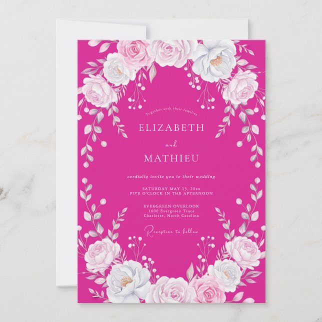 Invitación Boda floral blanca fucsia (Anverso)