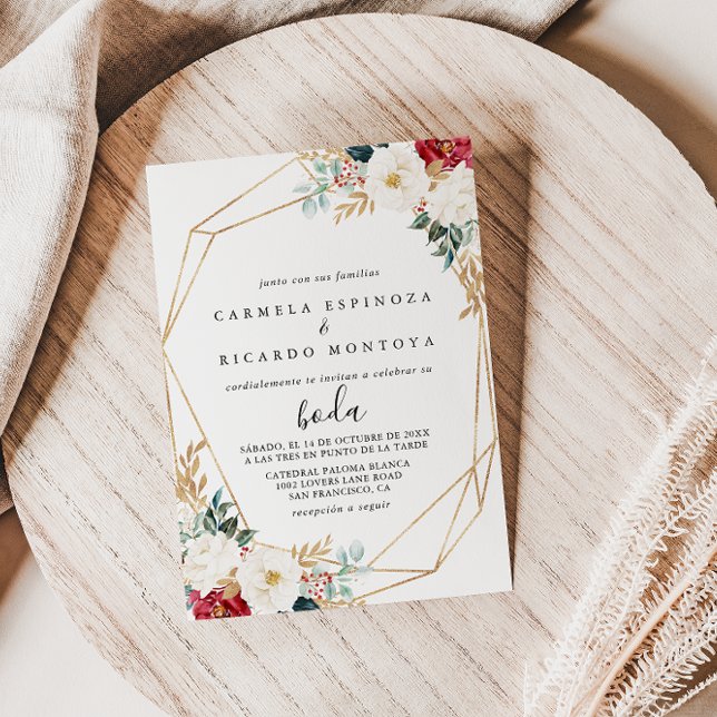 Invitación Boda floral blanca geométrica clásica de oro borgo (Subido por el creador)