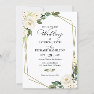 Invitación Boda Floral Blanca Geométrica con Verdor
