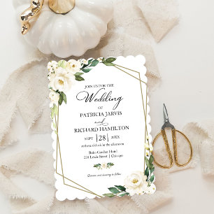 Invitación Boda Floral Blanca Geométrica con Verdor