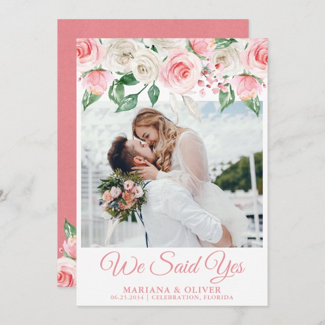 Invitación boda Floral blanca rosa (Anverso / Reverso)