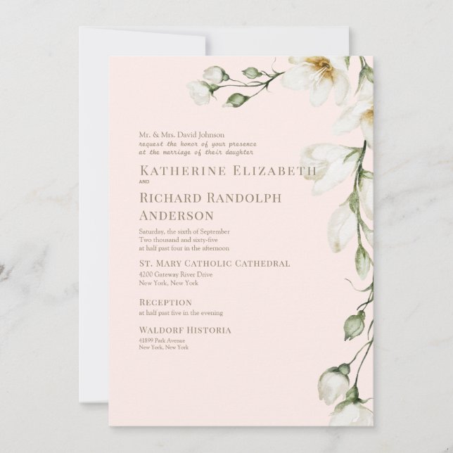 Invitación Boda Floral blanca Rubor & Gold (Anverso)