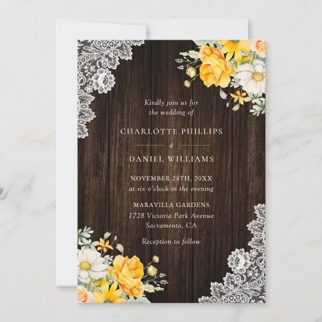 Invitación Boda floral blanca ruidosa amarillo (Anverso)