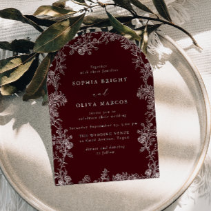 Invitación Boda Floral Blanca Vintage Burgundy Profundo