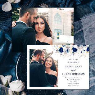 Invitación Boda floral blanca y azul de la foto moderna Horiz