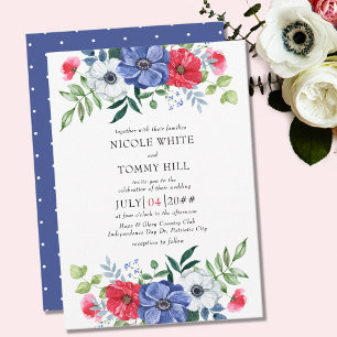 Invitación Boda floral blanca y azul en el 4 de julio