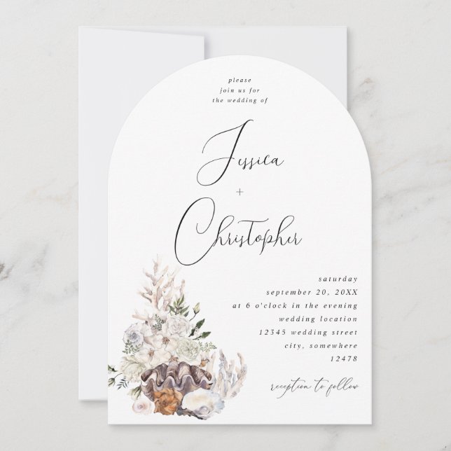 Invitación Boda floral blanca y de mariscos 3 Arco (Anverso)