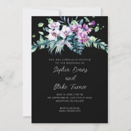 Invitación Boda Floral Blanca y Morada Elegante Negra