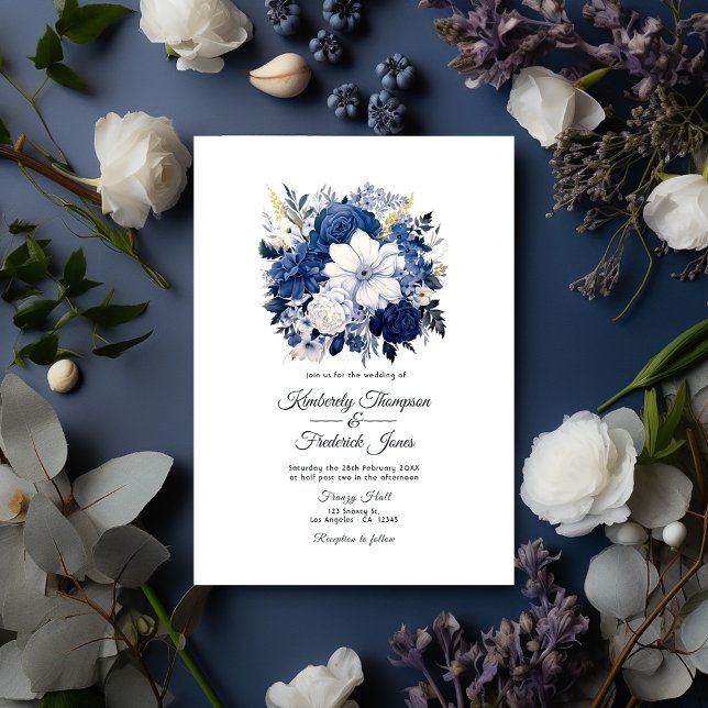 Invitación Boda floral blanca y naval (Navy and White)