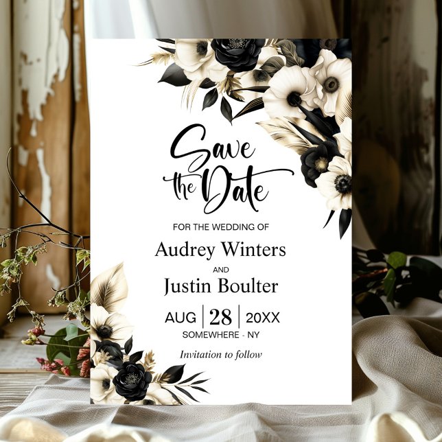 Invitación Boda floral blanca y negra salva la fecha (Subido por el creador)