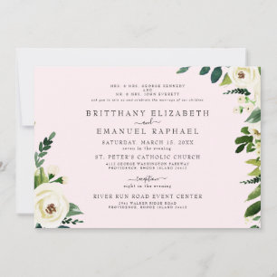 Invitación Boda floral blanca y rosa simple para ambos padres