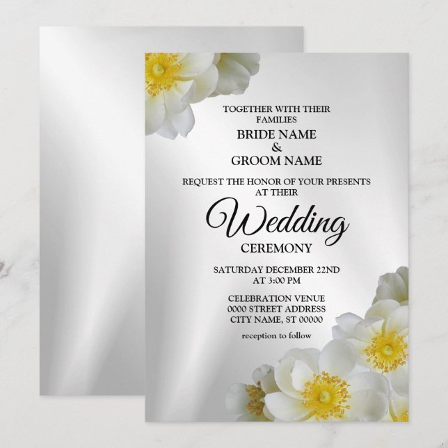 Invitación Boda Floral Blanco Amarillo Plata Elegante Rústico (Anverso / Reverso)