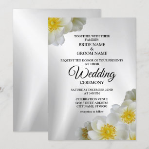 Invitación Boda Floral Blanco Amarillo Plata Elegante Rústico