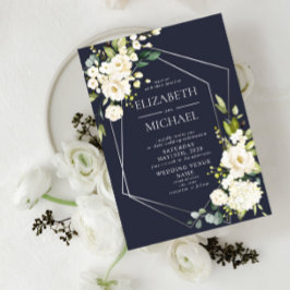 Invitación Boda floral blanco azul de la marina geométrica pl