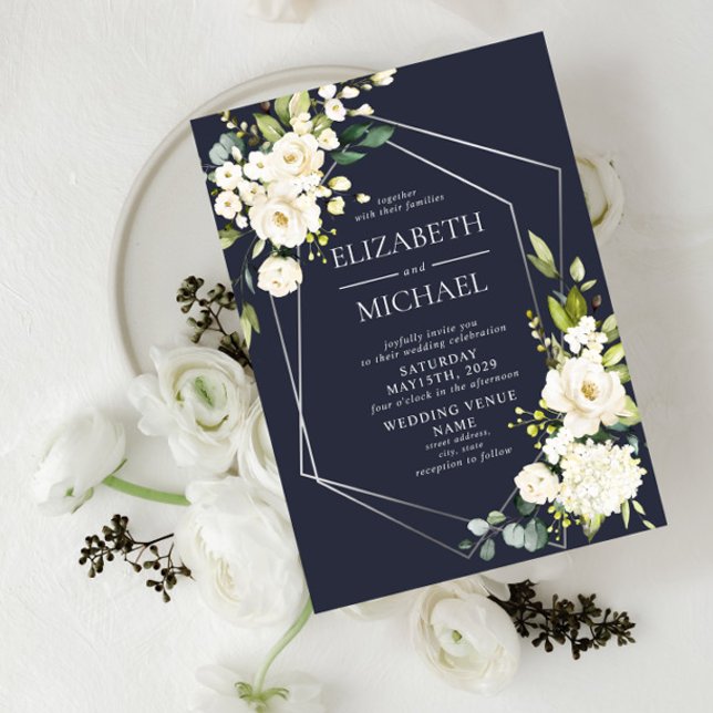 Invitación Boda floral blanco azul de la marina geométrica pl (Subido por el creador)