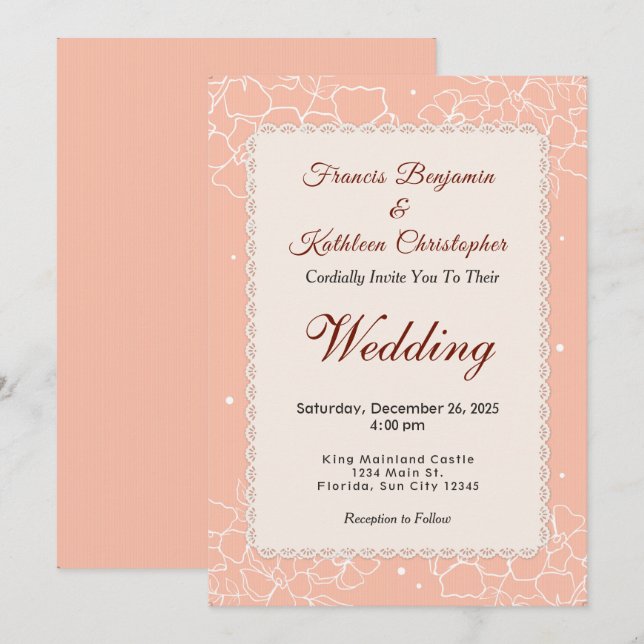 Invitación Boda floral blanco coral moderno (Anverso / Reverso)