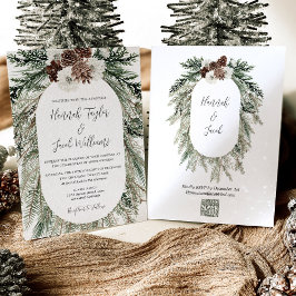 Invitación Boda floral blanco de pino de invierno con código 
