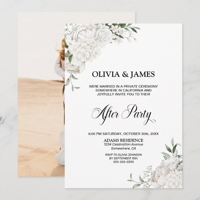 Invitación Boda Floral Blanco Después Del Fiesta (Anverso / Reverso)