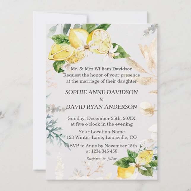 Invitación Boda floral blanco elegante de limón formalmente (Anverso)