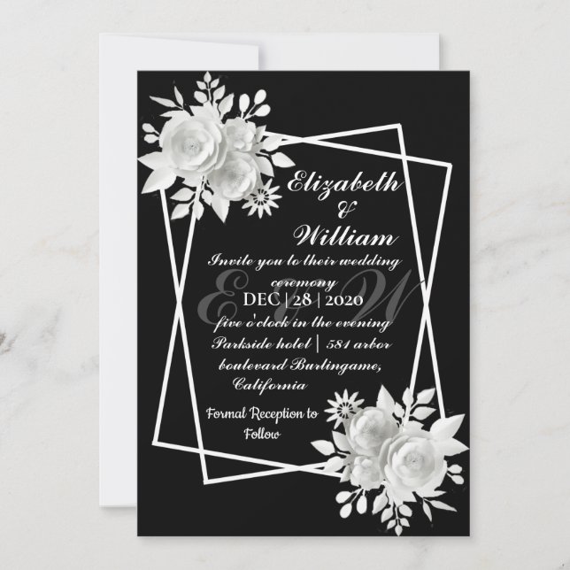 Invitación Boda floral blanco elegante y negro (Anverso)