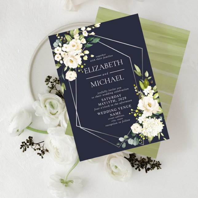 Invitación Boda floral blanco geométrico plateado (Subido por el creador)