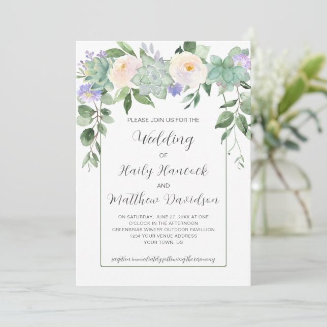 Invitación Boda floral blanco, morado, verde menta (Anverso de pie)