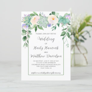 Invitación Boda floral blanco, morado, verde menta