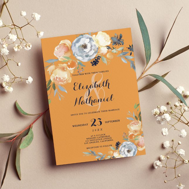 Invitación Boda floral blanco naranja gris botánico (Botanical gray orange white floral wedding )