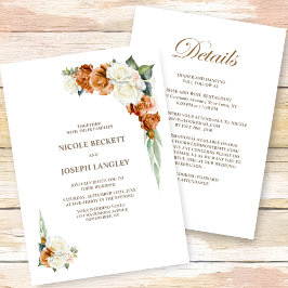 Invitación Boda Floral Blanco Naranja Quemado
