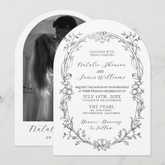 Invitación Boda Floral Blanco Negro Arqueado Dinero Antiguo