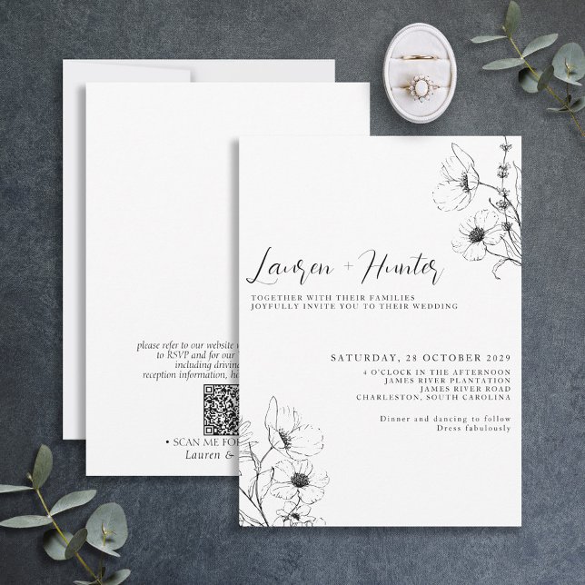 Invitación Boda floral blanco negro con código QR moderno (Subido por el creador)