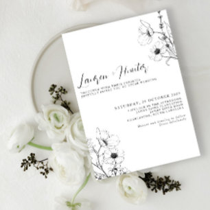 Invitación Boda floral blanco negro con guión moderno