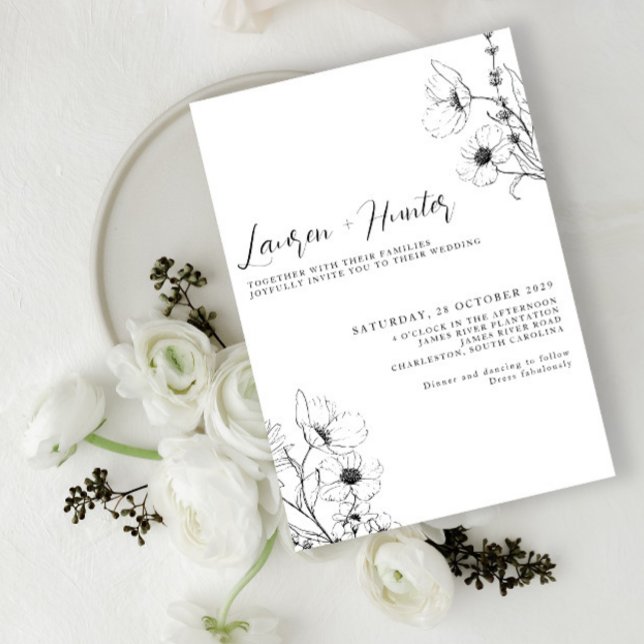Invitación Boda floral blanco negro con guión moderno (Subido por el creador)
