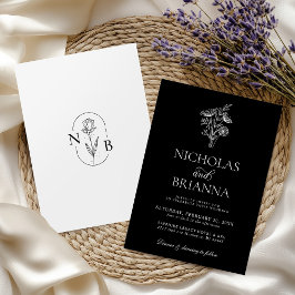 Invitación Boda floral blanco negro Minimalista moderno