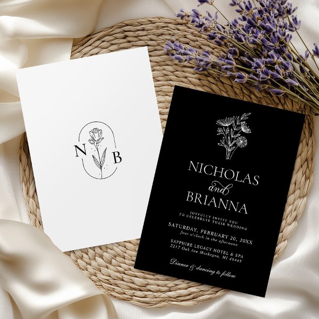 Invitación Boda floral blanco negro Minimalista moderno (Subido por el creador)