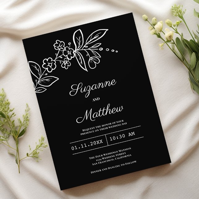 Invitación Boda floral blanco negro y elegante (Simple elegant black white floral wedding)