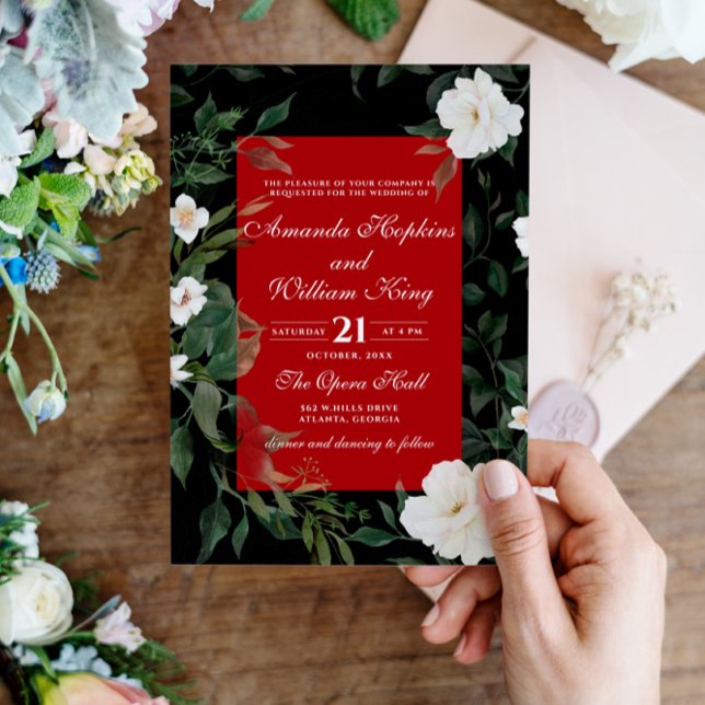 Invitación Boda floral blanco negro y rojo elegante (Subido por el creador)