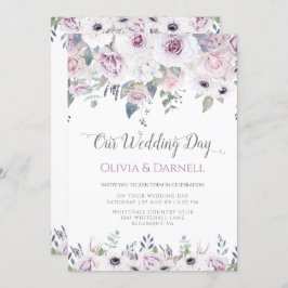 Invitación Boda floral blanco violeta morado suave