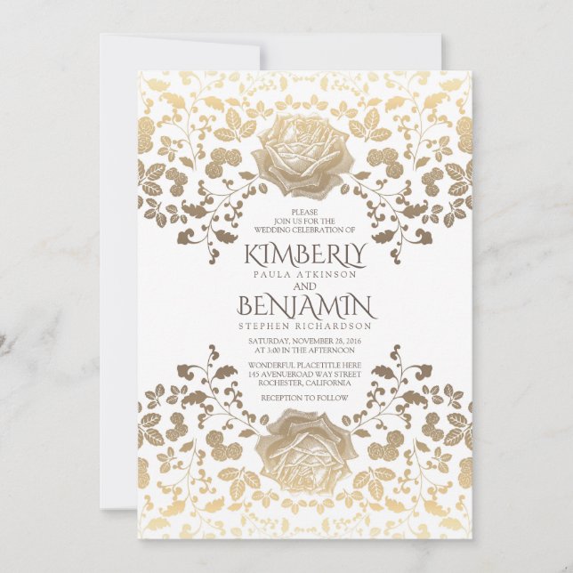 Invitación Boda floral blanco y dorado (Anverso)