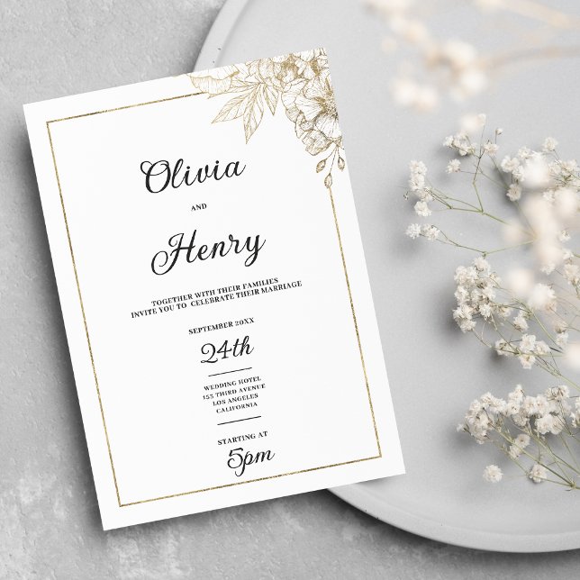 Invitación Boda floral blanco y dorado elegante y sencillo (Simple elegant white and gold floral wedding)