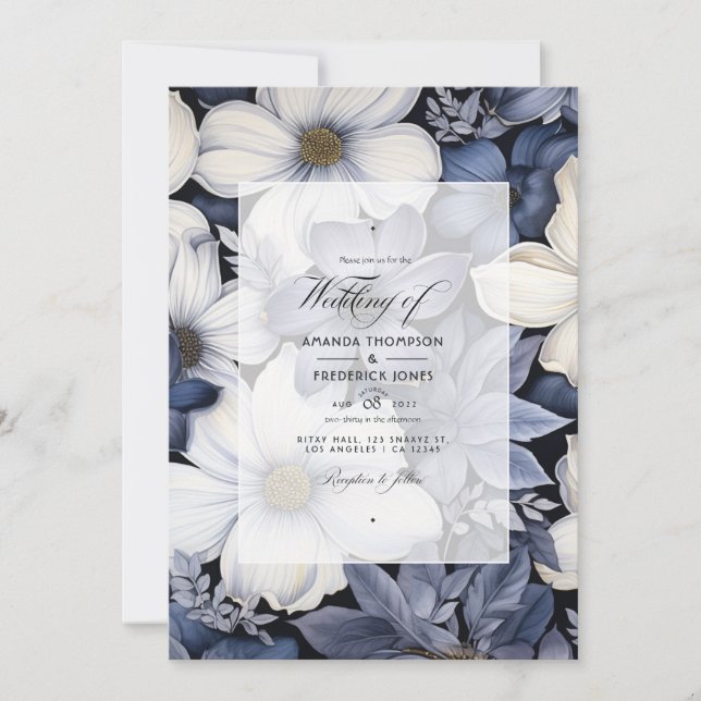 Invitación Boda floral blanco y negro (Anverso)