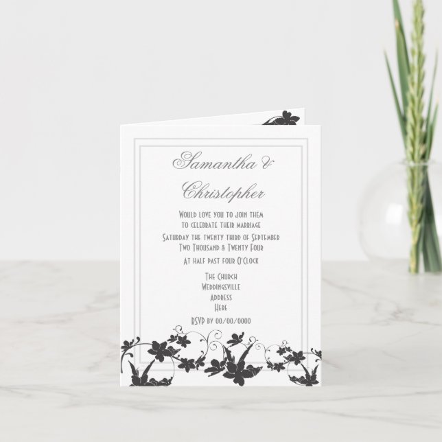 Invitación Boda floral blanco y negro (Anverso)