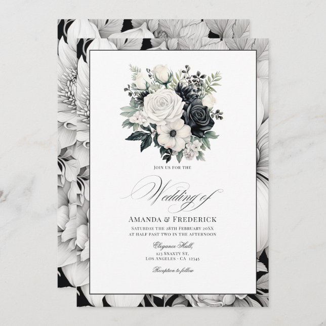 Invitación Boda floral blanco y negro (Anverso / Reverso)