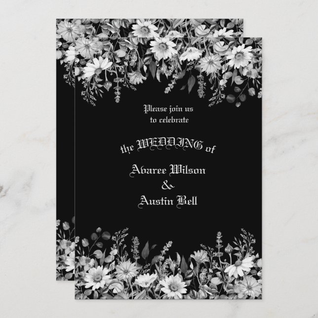 Invitación Boda floral blanco y negro (Anverso / Reverso)