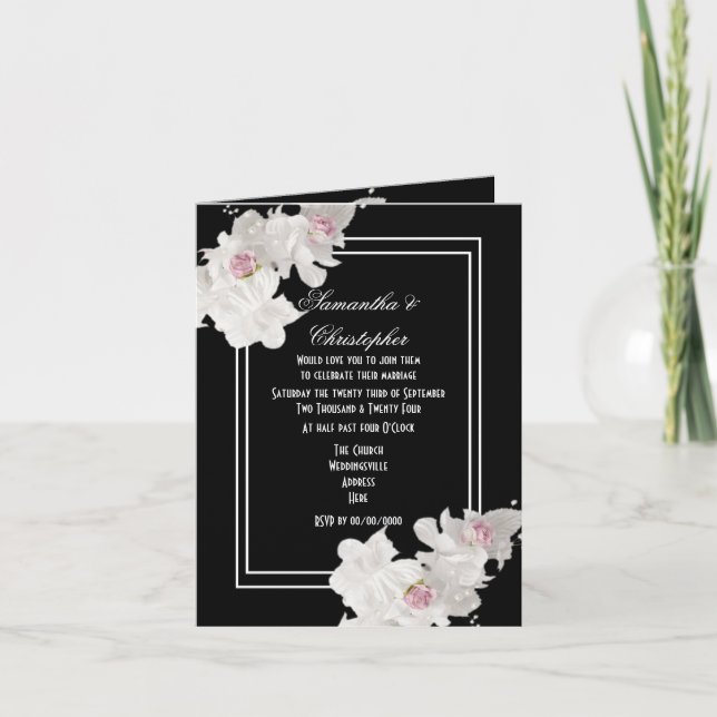 Invitación Boda floral blanco y negro (Anverso)