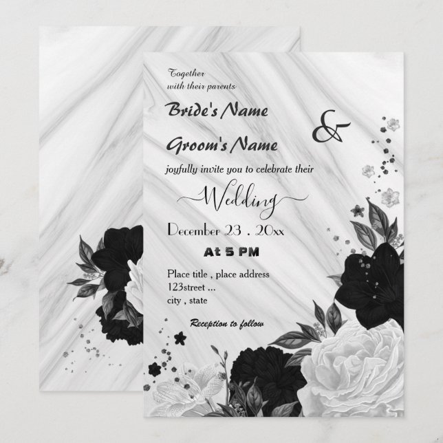 Invitación boda floral blanco y negro (Anverso / Reverso)